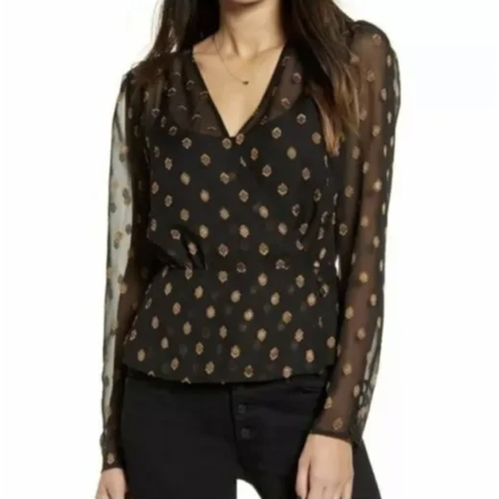 NWT Chelsea28 Black & Gold Geo Dot Long Sleeve Sheer Wrap Layered Cami Blouse